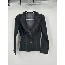 Womens Y2K Denim Blazer Size 2 Structured Western Stitch Contrast Trim Tailored