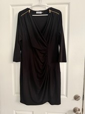 Calvin Klein Black Faux Wrap Sheath Dress Gold Shoulder Zipper Accents Ruched L