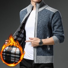 Men's Contrast Knit Cardigan Fashion Sweater Coat Autumn Winter Fleece Thick Han