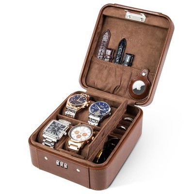 KAMIER Watch Case with Combination Lock - 4 Storage and Jewelry Brown
