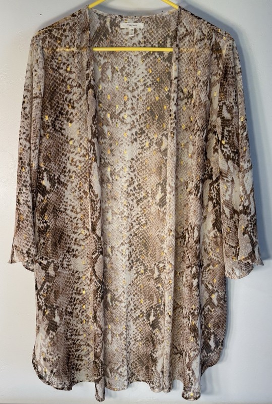 Maurices Multicolor Snakeskin Gold Metallic Sheer CoverUp Kimono Cardigan L/XL
