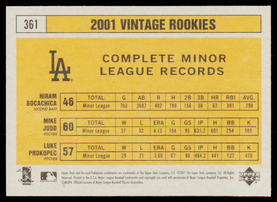 2001 Upper Deck Vintage #361 Rookies Los Angeles Dodgers Baseball Card - Image 2 of 2
