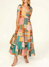 595 ALEMAIS SLOANE TIERED MIXED PATCHWORK COTTON MIDI DRESS US 4 AU 8