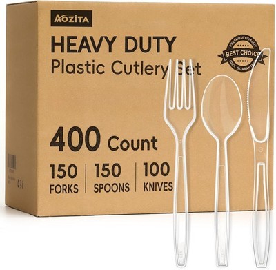 400 Count Heavy Duty Plastic Silverware,   150 Forks, 150 Spoons and 100 Knives