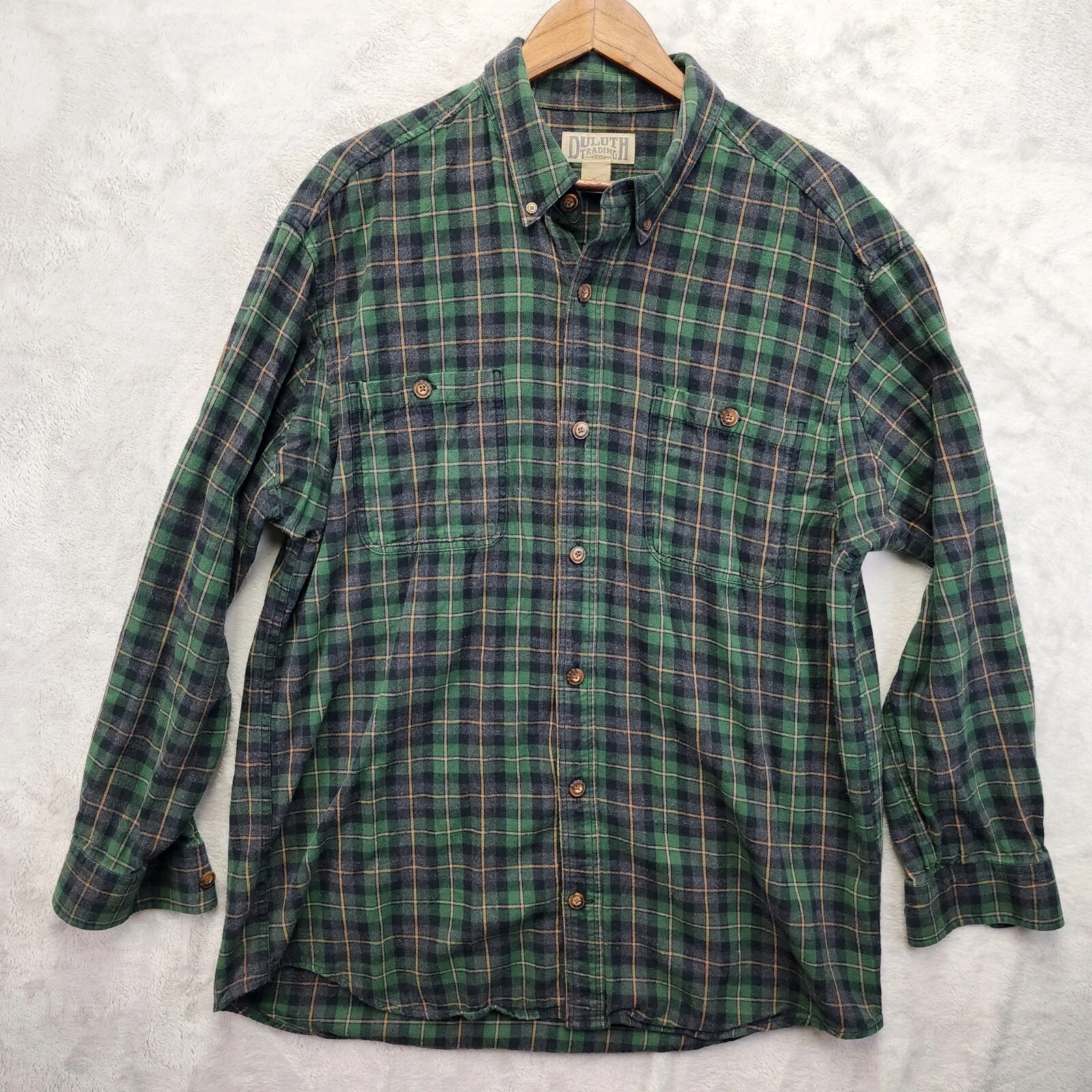 Duluth Trading Co Men's Flannel Shirt L Green Plaid Button Front Cotton