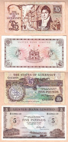 Lot de 2 billets : Irlande 1977 5 £ Ulster Bank Limited aEF & Guernesey 1990 5 £ VF
