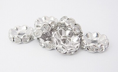 Perles Rondelles Intercalaires Argentées Bords Ondulés Avec Strass - Lot De 20 Perles 6mm, Transparent, Pour Création Bijoux