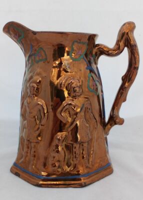 Achteckiger Kupfer Glanz Krug Low Relief geformt Jäger Hund Falke um 1840