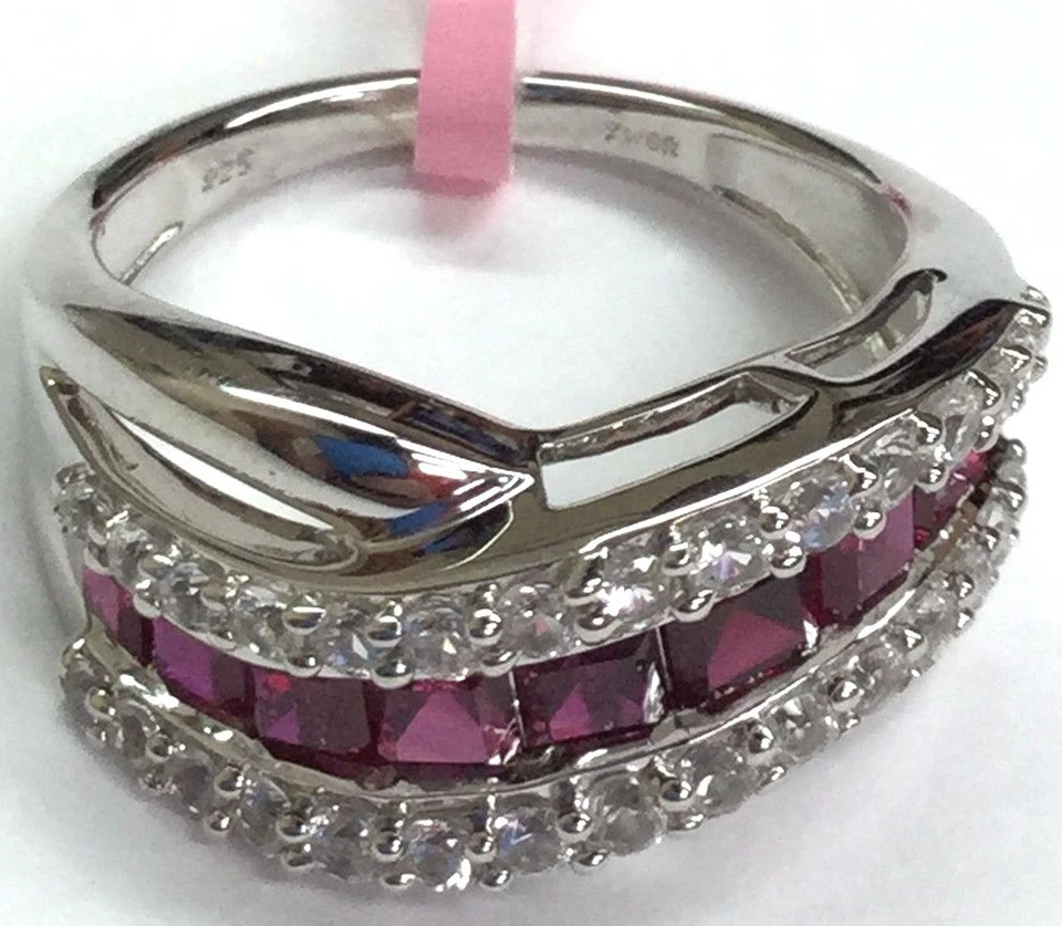 Sterling Silver 925 Princess Pink Ruby CZ Cluster Wave Split Band Cocktail Ring  - Image 2 of 4