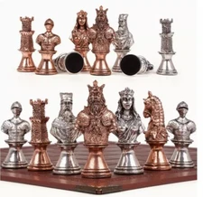Vintage Figurines Metal Chess Set - Leather Chess Board With Metal Chess Pieces