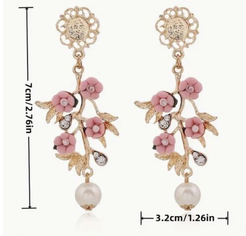 Flower Pearl Earrings Museum Floral Zara Gold White Leaf Garland CZ Floral Y2K - Picture 2 of 5
