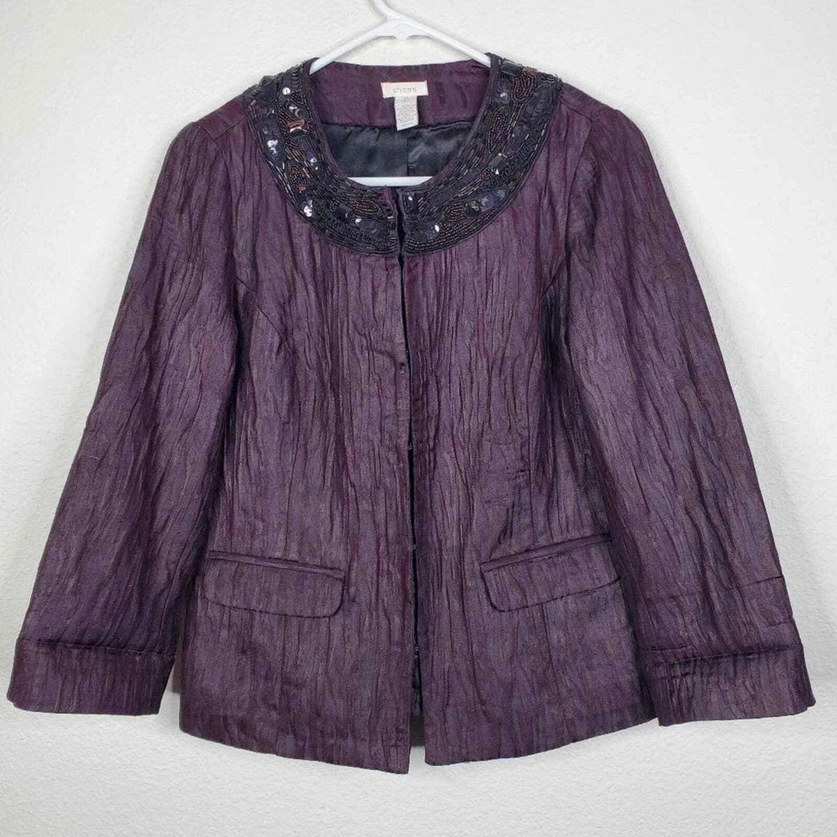 chicos evening jacket plum gauze textured beaded neckline clasp