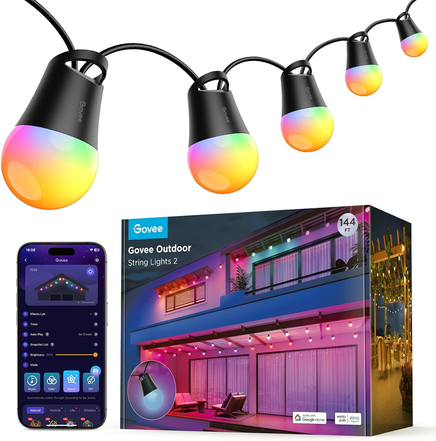 Govee Smart Outdoor String Lights 2, 144Ft RGBIC Outdoor Lights with Dimmable Wa