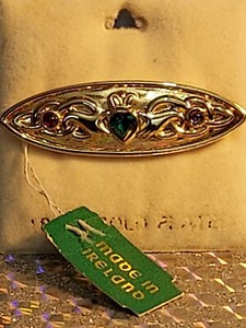 Authentic 18 KT GOLD PLATED~Sol o'or~**CLADDAUGH BROOCH PIN**~Green/Red/Stones~IRELAND