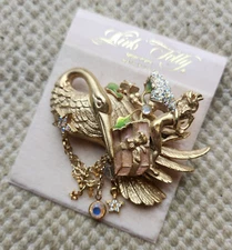 Kirks Folly Gold Tone Stork Gift Fairy AB Rhinestone Wings Star Brooch Pin USA