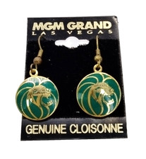 MGM Grand Las Vegas Lion Genuine Cloisonne Gold Tone Dangle Earrings Domed Disc