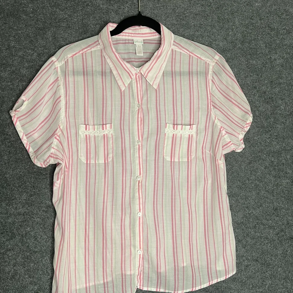 Camisa De Colección Y2K Rosa Transparente Abotonada Encaje Borde Bolsillos 100% Algodón Playa Costera Foto 3 de 4