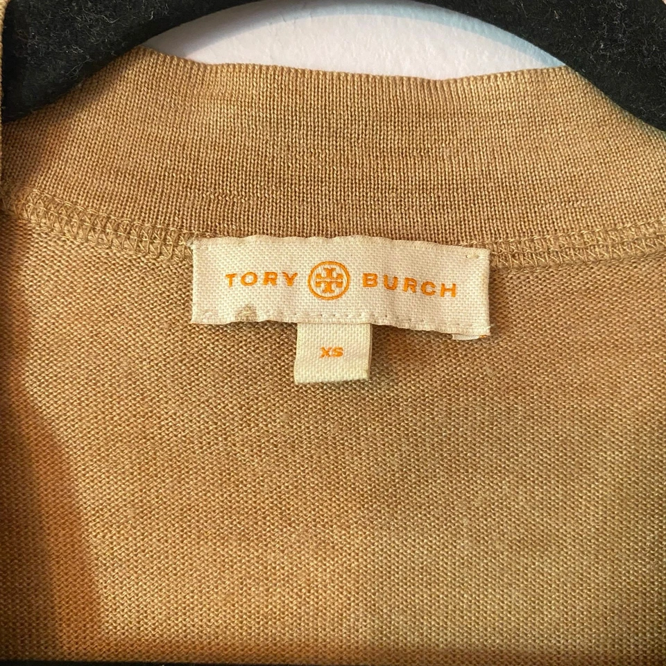 Cárdigan suéter para mujer Tory Burch marrón tostado 100 % lana merino talla XS Foto 2 de 4