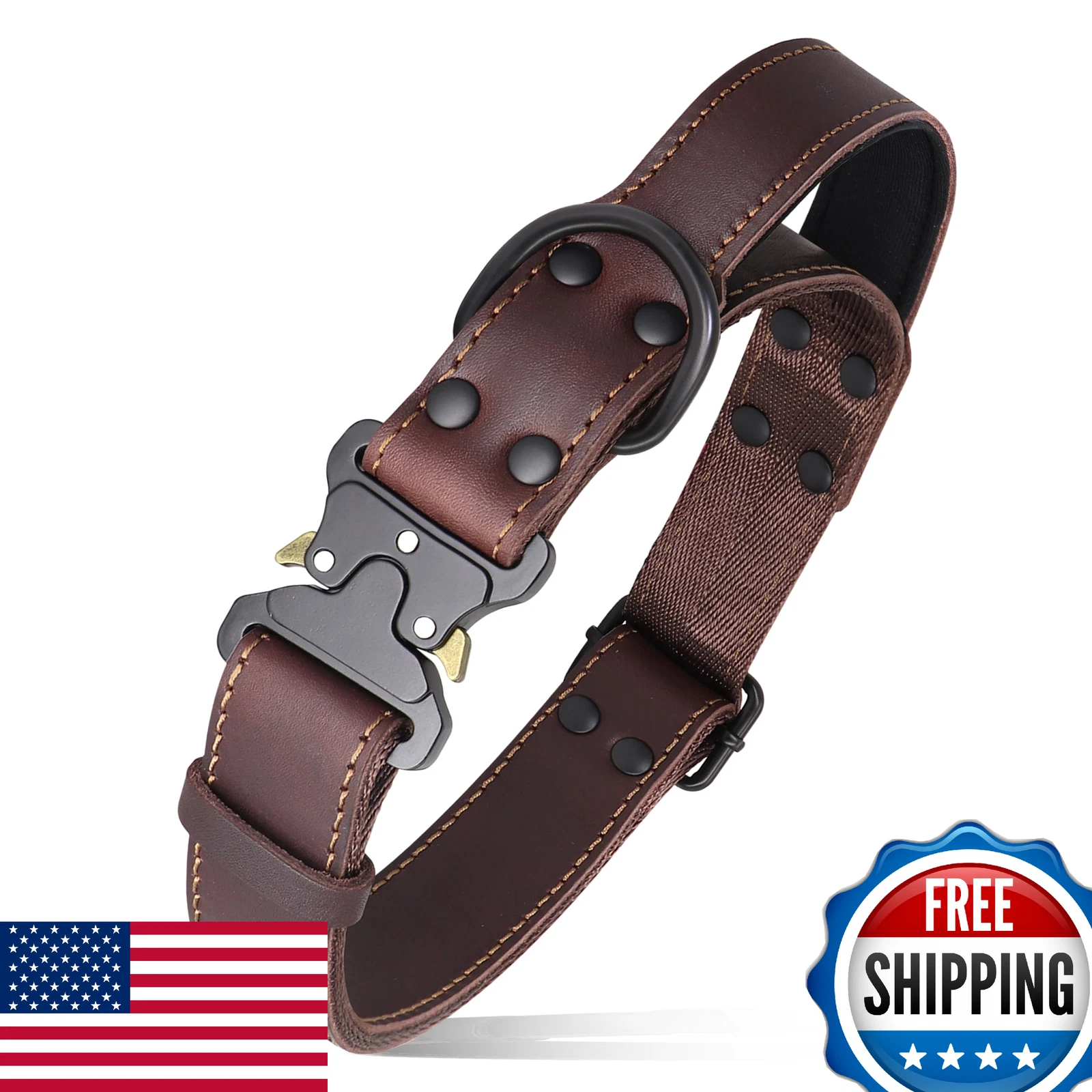 PET ARTIST Tactical Leather Dog Collar w/Handle for Training & Walking, D-Ring