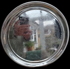 Metal Serving Tray. Silver Colour with Floral Pattern D. 30cm Diameter