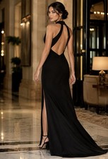 💥BHLDN Serephina Black Crepe Backless Halter Maxi Gown Side Slit  Sz 12🧡