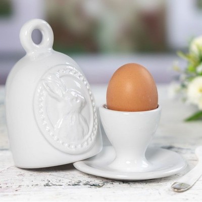Eierbecher Hase Weiß mit Haube Deckel hochwertig perfekt für Ostern Geschenkidee