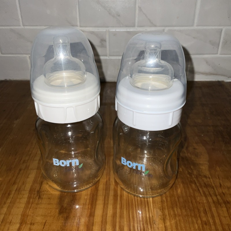 2 -Born Free Natural Feeding Glass Baby Bottle Slow Flow 5 oz each