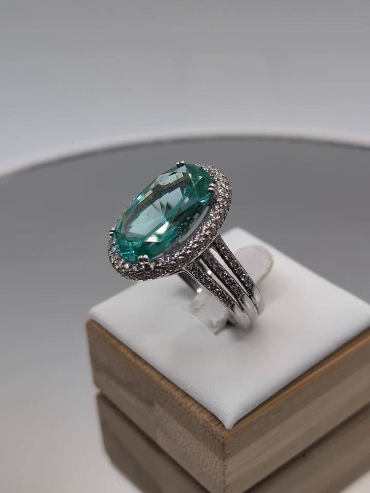 Impresionante Anillo Topacio Azul/Circón Blanco Plata Esterlina/Rodio Talla 10 Firmado FE Foto 4 de 4