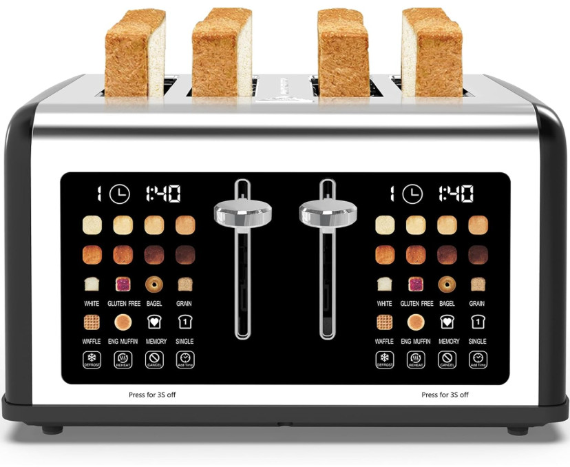 4 Slice Touch Screen Toaster Stainless Steel Dual Control 8 