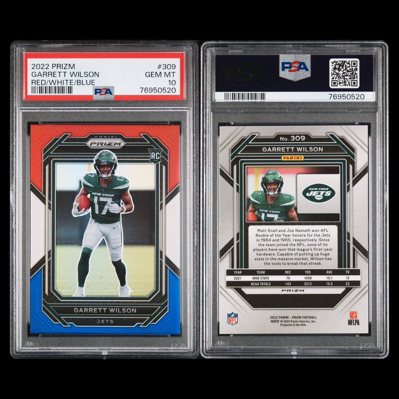 2022 Panini Prizm Garrett Wilson Red/White/Blue Prizm #309 PSA 10  NY Jets (RC) view 3