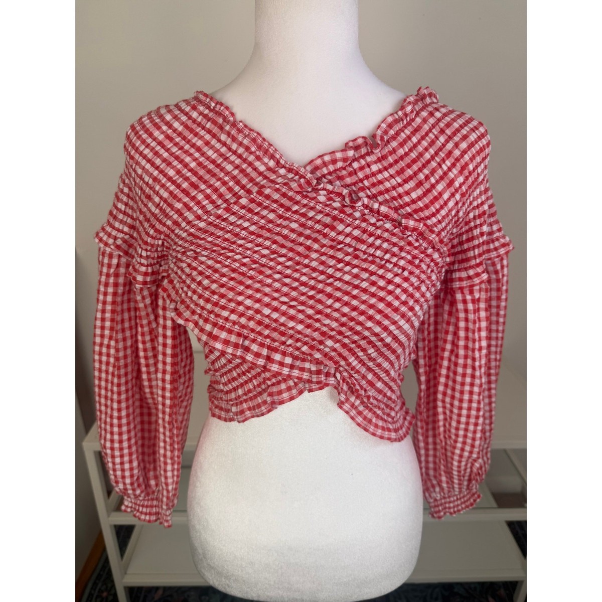 Zara Womens Off The Shoulder Smocked Cottagecore Red Gingham Crop