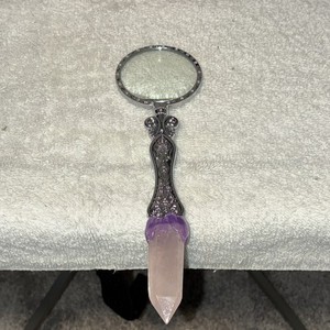 Handheld Vanity Mirror Rhinestone Rim Silver-Tone Filigree Handle Purple Base