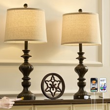 27.5" Farmhouse Table Lamps Set of 2 Bedside Lamp with USB C A Ports  AC Out...