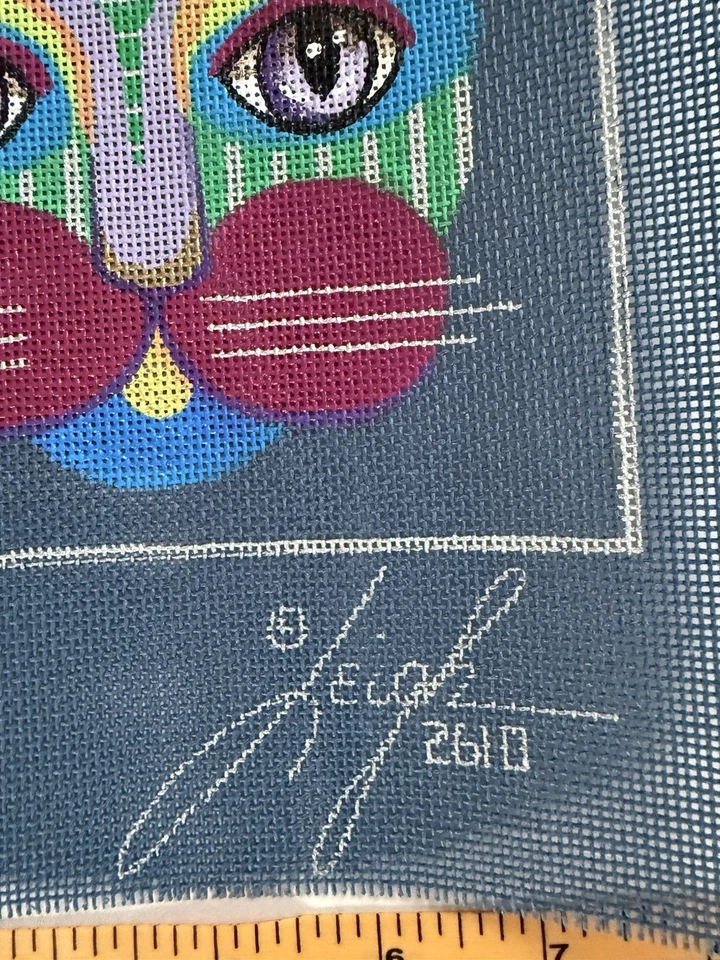 Leigh Handpainted Needlepoint Canvas Cat Abstract Design 18 Mesh 9x9 - Image 3 of 3