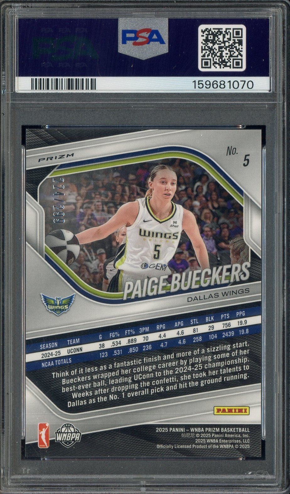 2025 Panini Red Prizm WNBA #5 Paige Bueckers Wings RC Rookie 224/299 PSA 9 MINT view 2