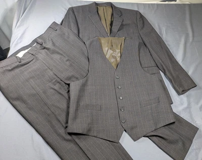 Lauren Ralph Lauren 3 Piece Suit Mens 46R Brown Fishtail Windowpane 40x30 Wool - Image 1 of 4