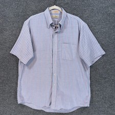 L.L Bean Button Up Shirt Mens 17 Blue Pink Striped Short Slv Oxford Made In USA