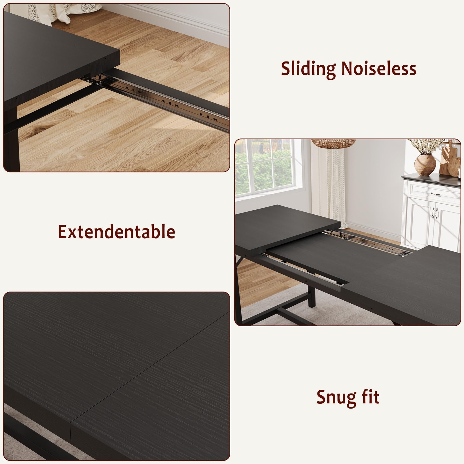 3 Piece Dining Table Set for 4-6, 63" Extendable Thick Metal Frame Kitchen Ta...