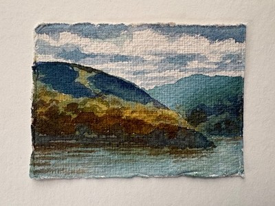 ACEO original painting landscape 2.5 x 3.5 inch Watercolor Lake Sebago