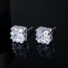 8mm Square Princess Cut Crown Stud Earrings Silver Plated Cubic Zircon Jewelry