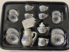 Miniature Tea Set, Blue and White Ceramic Dollhouse Dishes