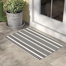 Black and White Striped Outdoor Rug 2'x3' Hand-Woven Cotton Reversible Porch Mat
