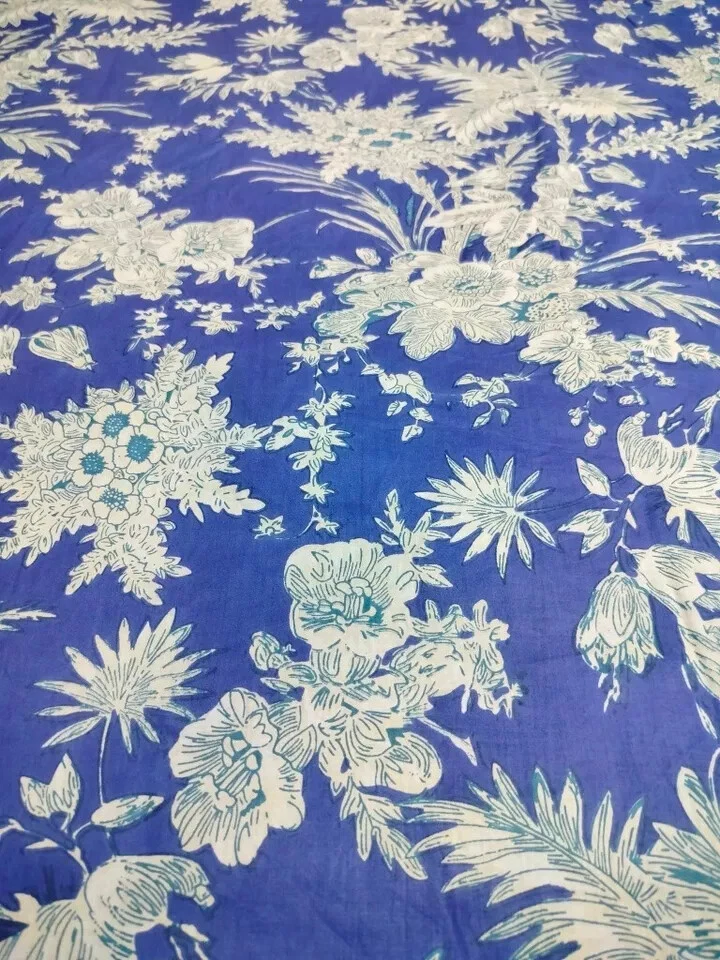 25 Yards Fabric Indian Blue Floral Hand Printed Cotton Fabric Sewing Fabrics - Image 3 of 4