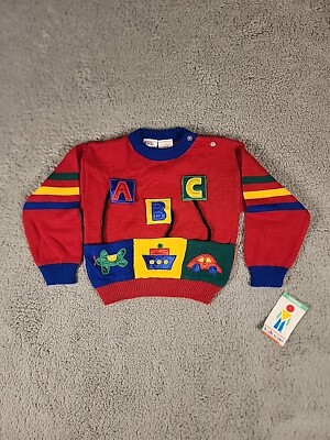 Vintage Kids Store Sweater Red ABC Car Boat Plane Embroidered Size 4T 90s NWT
