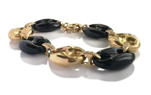 Pulsera Vintage Años 80 Ónix Ancla Inflada Mariner Eslabón Oro 18 K - Imagen 4 de 7