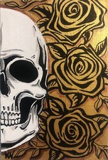 Teschio pop originale con rose, quadro 6x8” acrilico su tela, incorniciato, firmato, COA