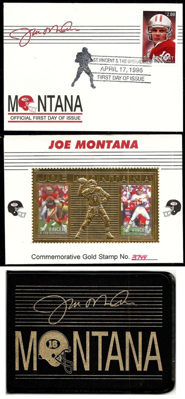 Joe Montana Autograph FDC & Commemorative Gold Stamp No: 3744 with Storage Case