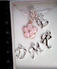 Flower Girl Pink Enamel Flower Necklace +Initial Gift Boxed Bridesmaid Birthday