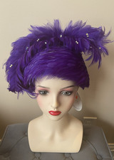 VTG Old Stock W/Tags Purple Feather Fascinator Rhinestone Hat By JFY John Lee