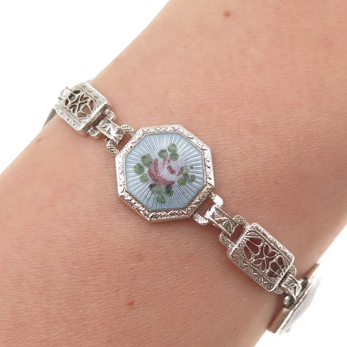 925 Sterling Antique Art Deco Enamel Floral Filigree Bracelet 7.25" missing lock